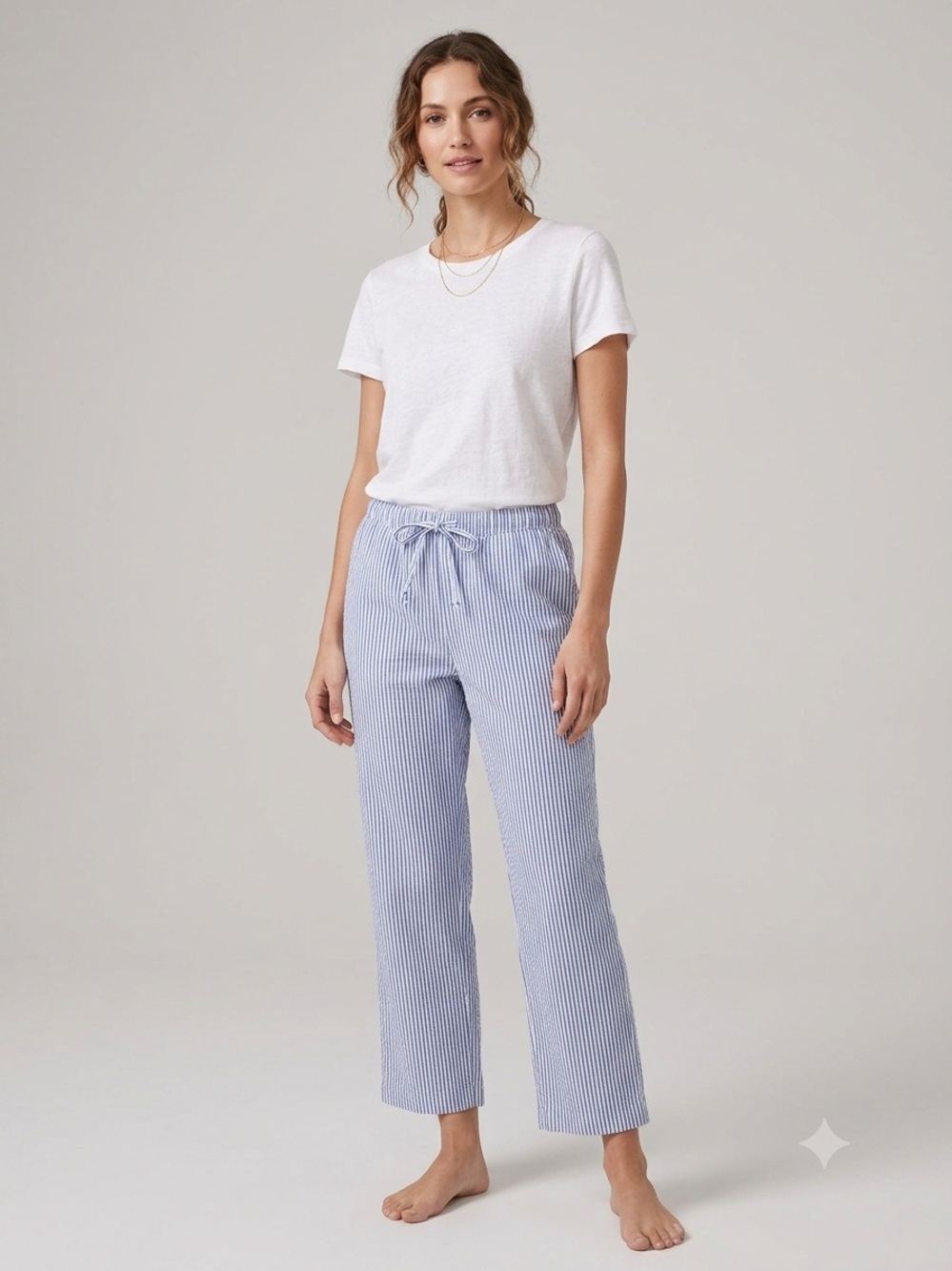 Marks & Spencer Blue and White Striped Drawstring Ankle Pants